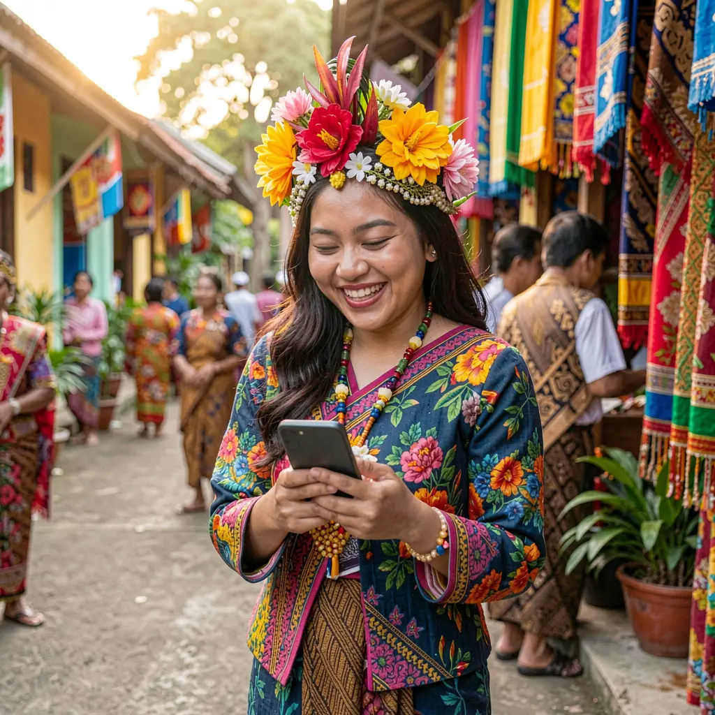 Young Filipino woman in a traditional pink dress smiling while using the JDBJILI casino app on her smartphone against a colorful cultural background