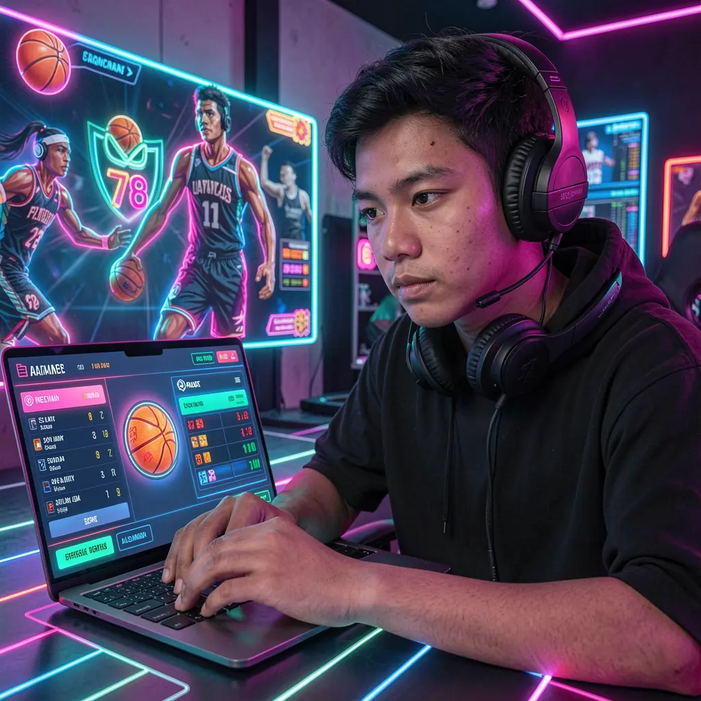 Focused Filipino bettor analyzing basketball odds and live match data on a laptop with neon visuals while using JDBJILI betting platform