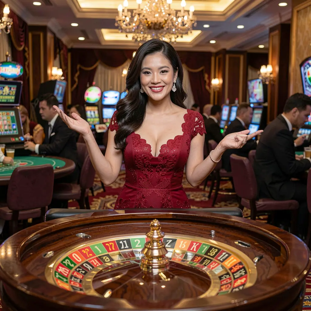 Elegant live casino dealer standing at a roulette table in a luxury gaming hall representing the premium JDBJILI casino experience for players in the Philippines