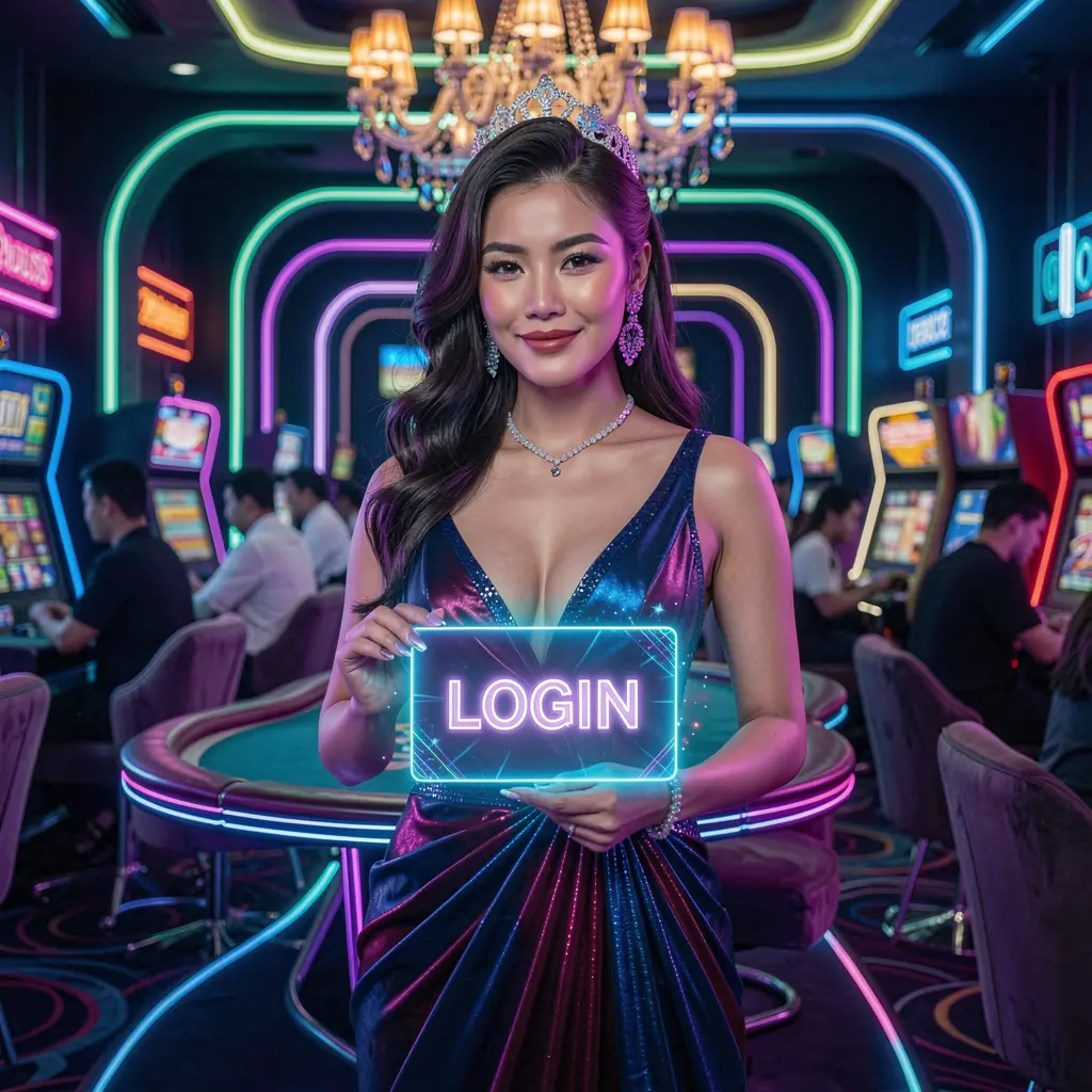 Elegant Filipina casino hostess holding a glowing login card in a neon lit casino atmosphere representing secure access at JDBJILI for players in the Philippines